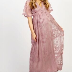 Pinkblush Romantic Pink Sheer Lace Overlay Maxi Dress S Blush Mauve